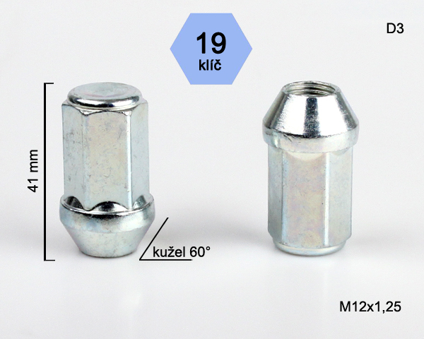 Matice na kola M12x1,25 kužel zavřená prodloužená, klíč 19